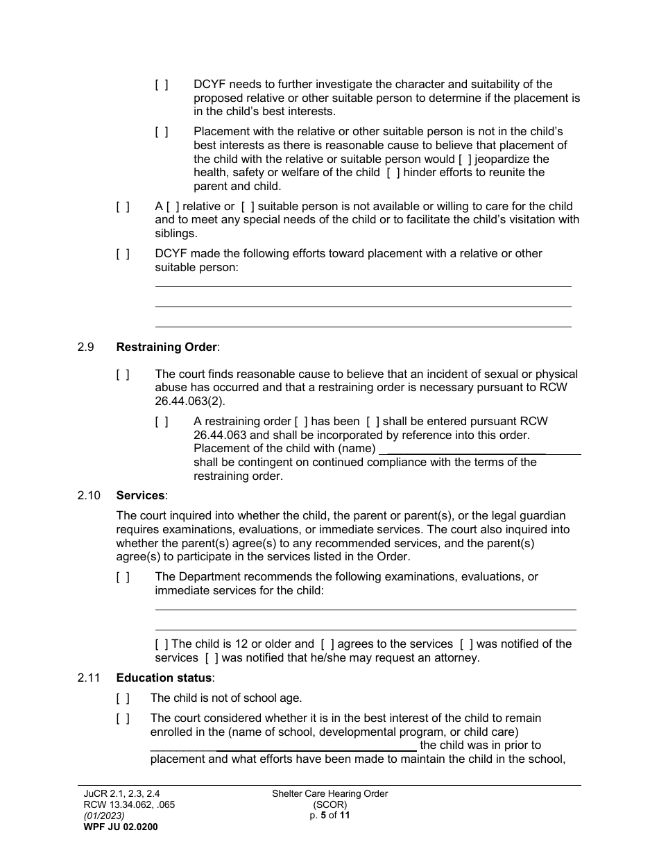 Form WPF JU02.0200 Shelter Care Hearing Order (Scor) - Washington, Page 5