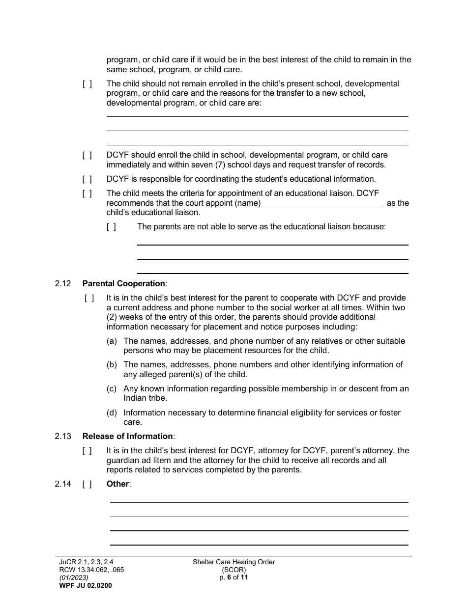 Form WPF JU02.0200 Shelter Care Hearing Order (Scor) - Washington, Page 6