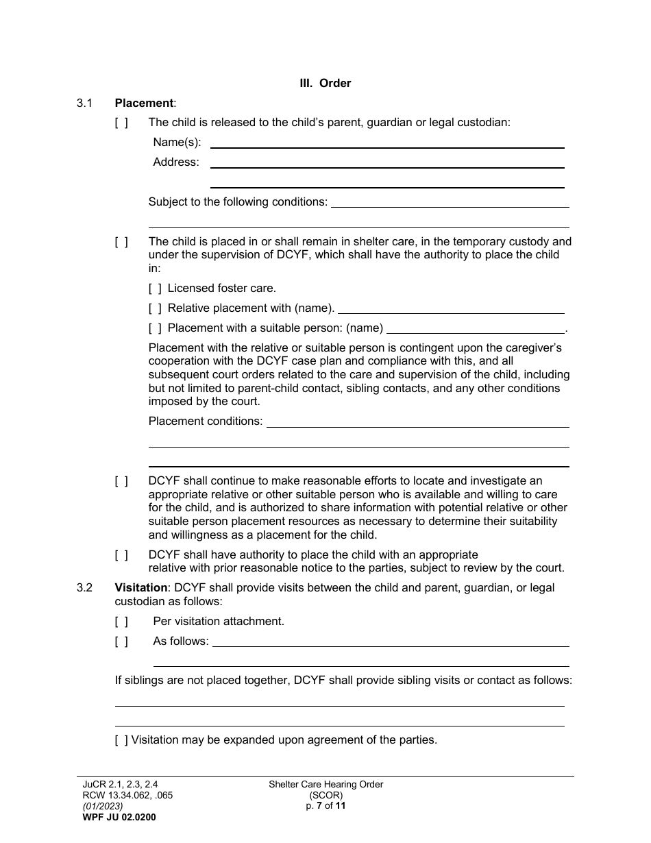 Form WPF JU02.0200 Shelter Care Hearing Order (Scor) - Washington, Page 7