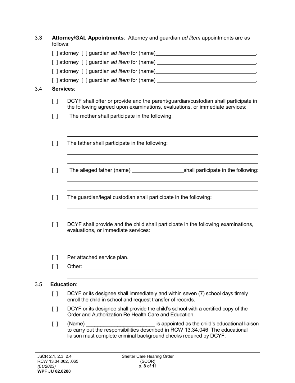 Form WPF JU02.0200 Shelter Care Hearing Order (Scor) - Washington, Page 8