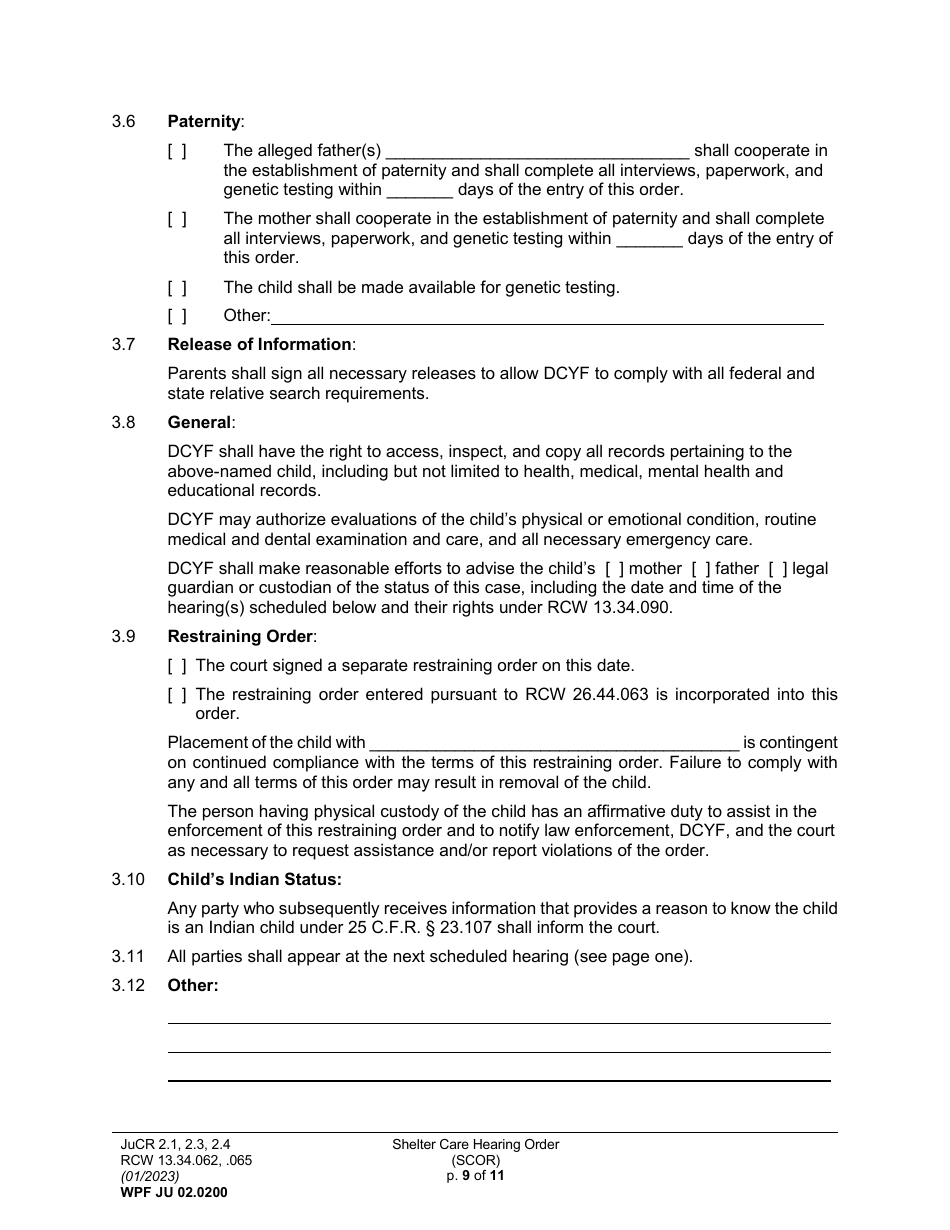 Form WPF JU02.0200 Shelter Care Hearing Order (Scor) - Washington, Page 9