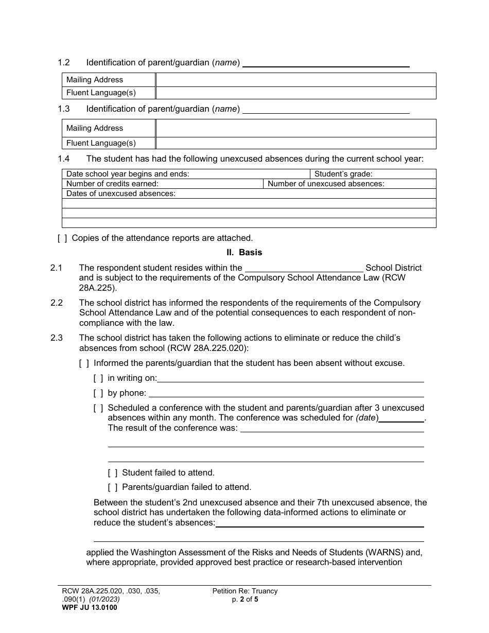 Form WPF JU13.0100 Petition Regarding Truancy (Pttru) - Washington, Page 2
