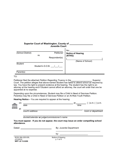 Form WPF JU13.0200 Notice of Hearing (Nthg) - Washington