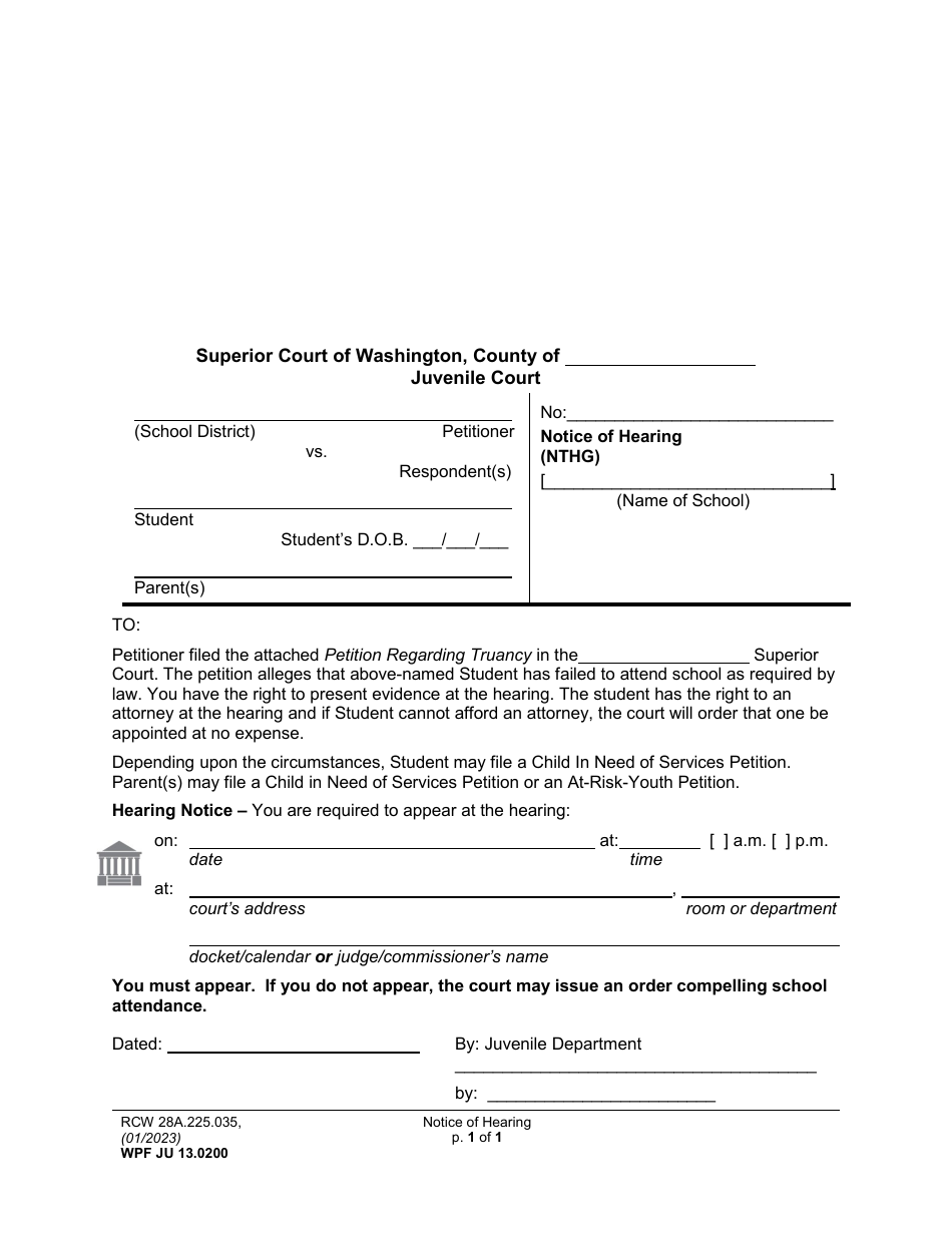 Form WPF JU13.0200 Notice of Hearing (Nthg) - Washington, Page 1