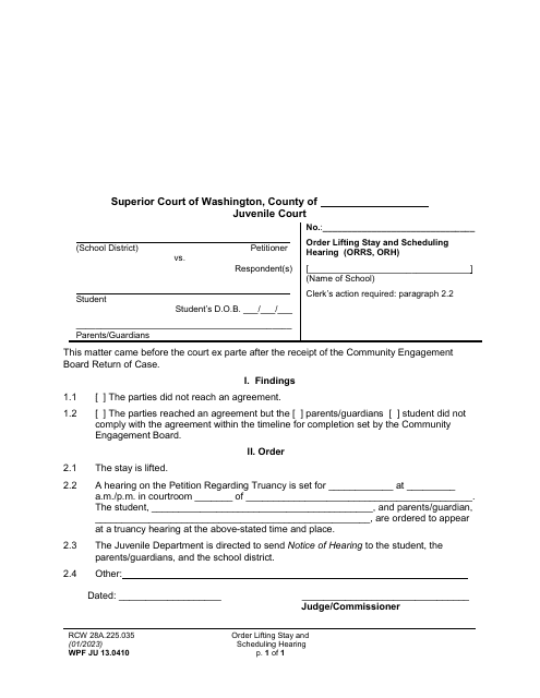 Form WPF JU13.0410 Order Lifting Stay and Scheduling Hearing (Orrs, Orh) - Washington