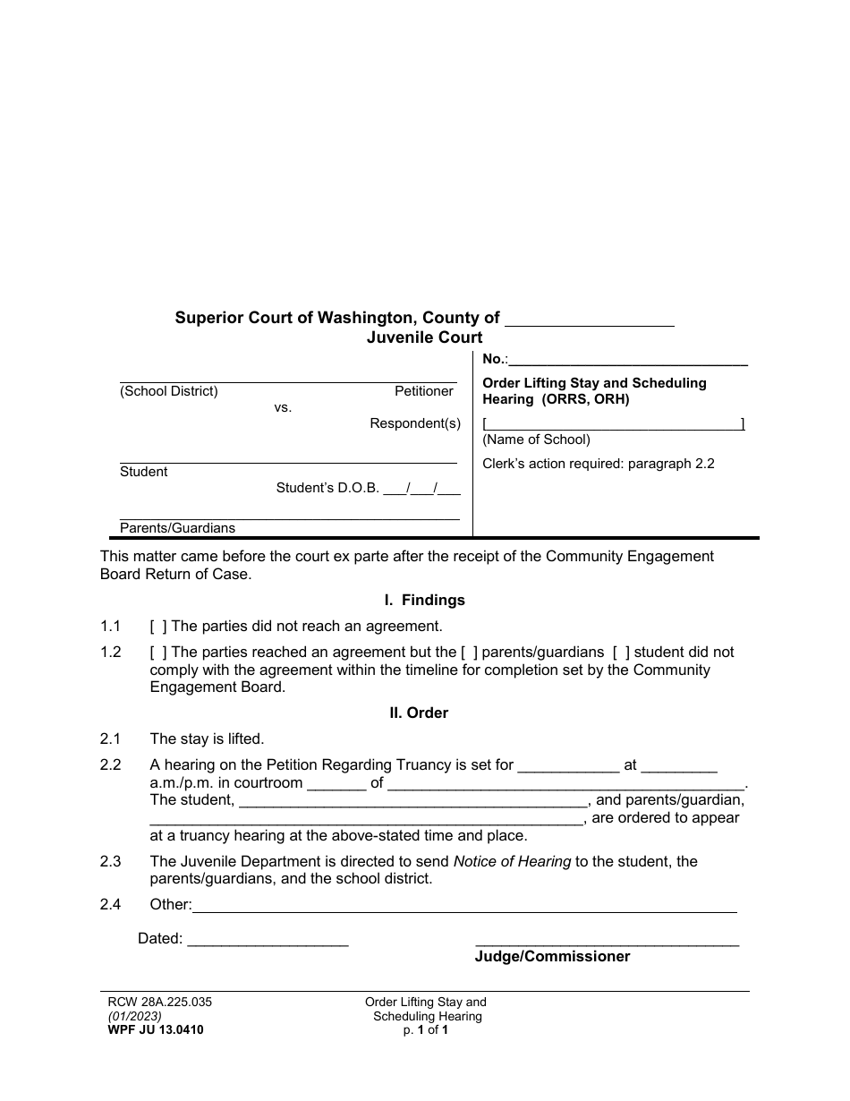 Form WPF JU13.0410 Order Lifting Stay and Scheduling Hearing (Orrs, Orh) - Washington, Page 1