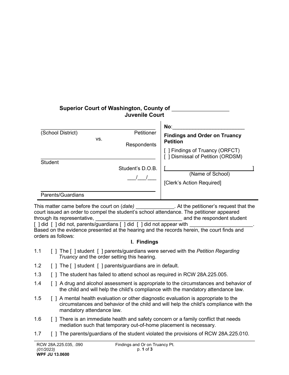 Form WPF JU13.0600 Findings and Order on Truancy Petition - Washington, Page 1