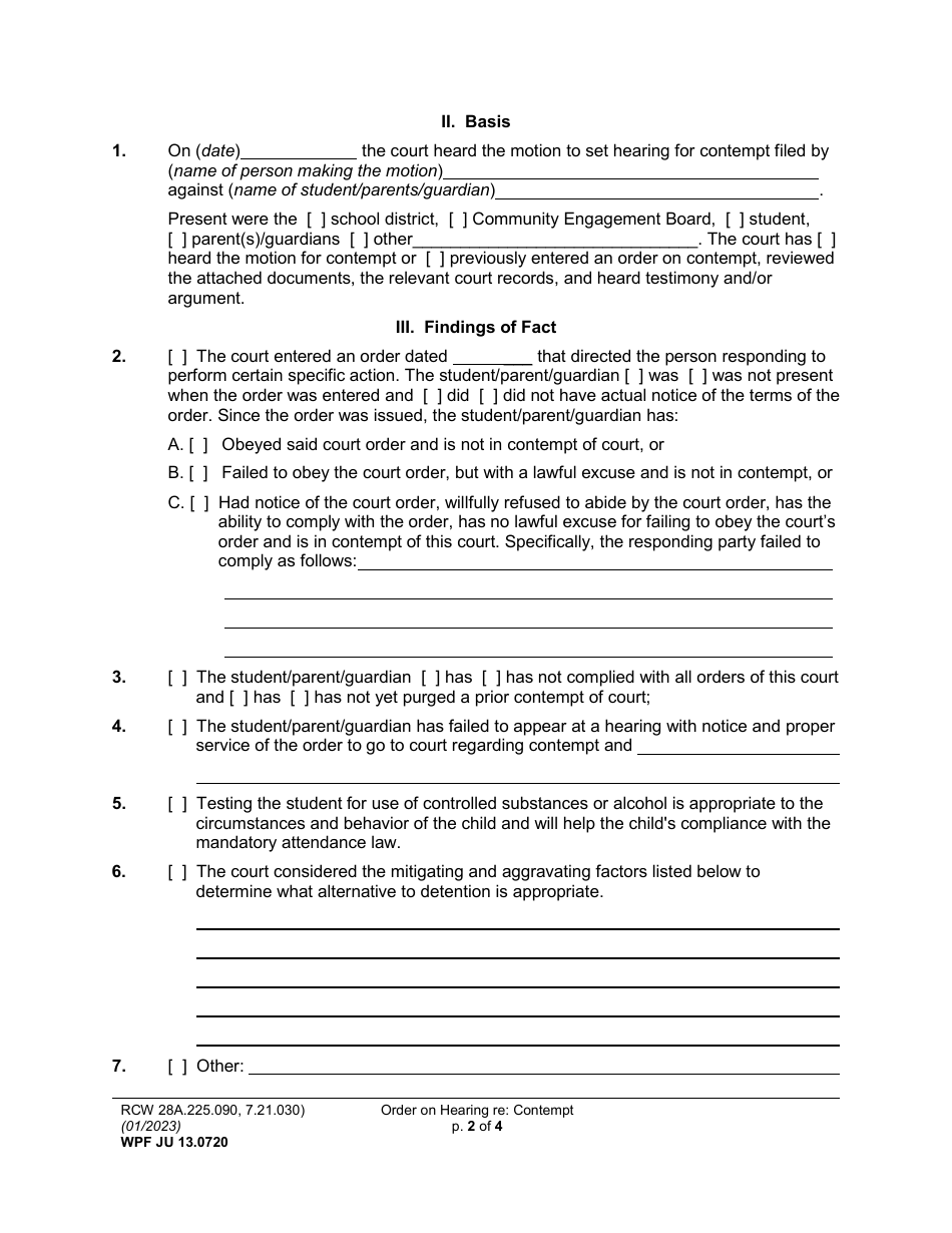Form WPF JU13.0720 Order on Hearing Re: Contempt (Orcn) / Review Hearing (Orrvh) - Washington, Page 2