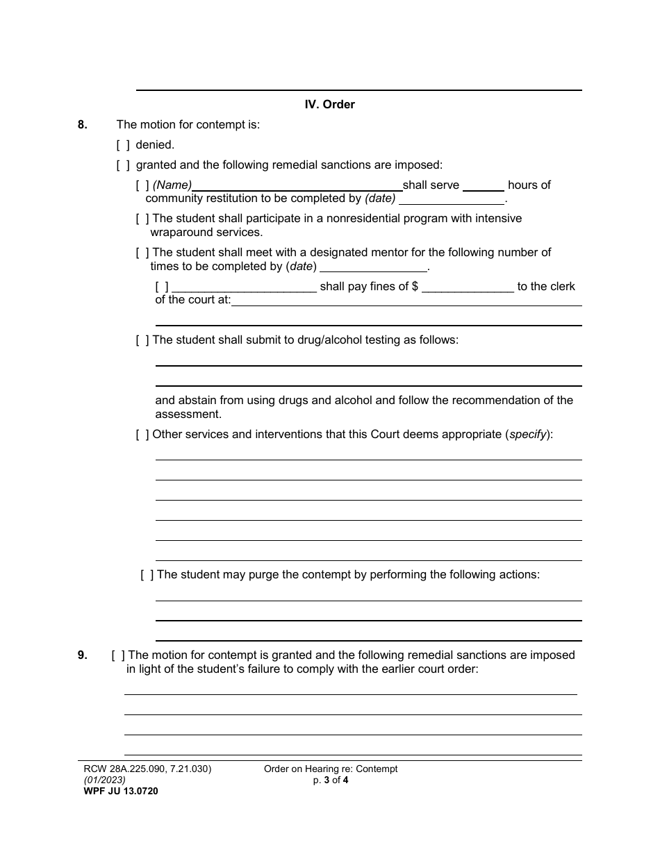 Form WPF JU13.0720 Order on Hearing Re: Contempt (Orcn) / Review Hearing (Orrvh) - Washington, Page 3