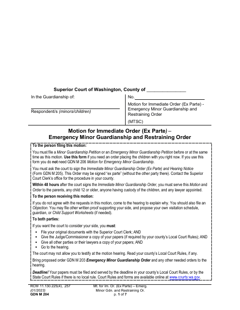 Form GDN M204 Motion for Immediate Order (Ex Parte) - Emergency Minor Guardianship and Restraining Order - Washington