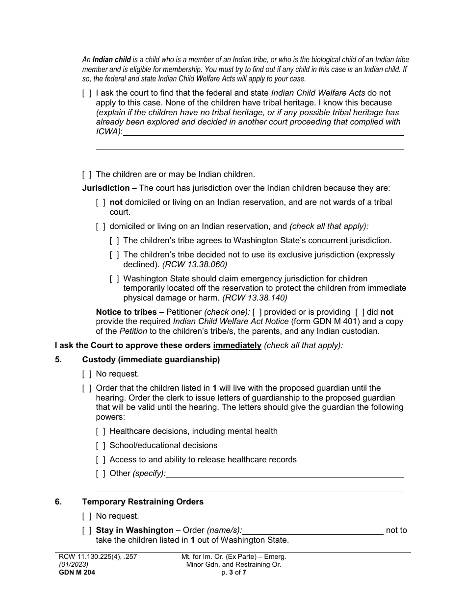Form GDN M204 Motion for Immediate Order (Ex Parte) - Emergency Minor Guardianship and Restraining Order - Washington, Page 3