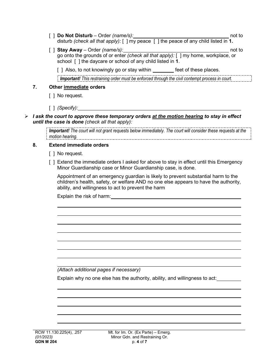 Form GDN M204 Motion for Immediate Order (Ex Parte) - Emergency Minor Guardianship and Restraining Order - Washington, Page 4