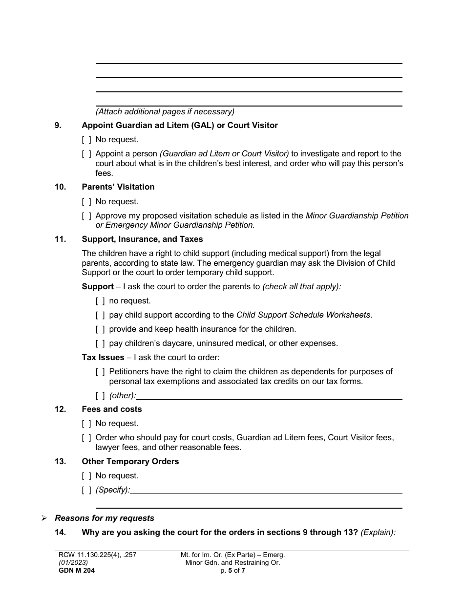 Form GDN M204 Motion for Immediate Order (Ex Parte) - Emergency Minor Guardianship and Restraining Order - Washington, Page 5
