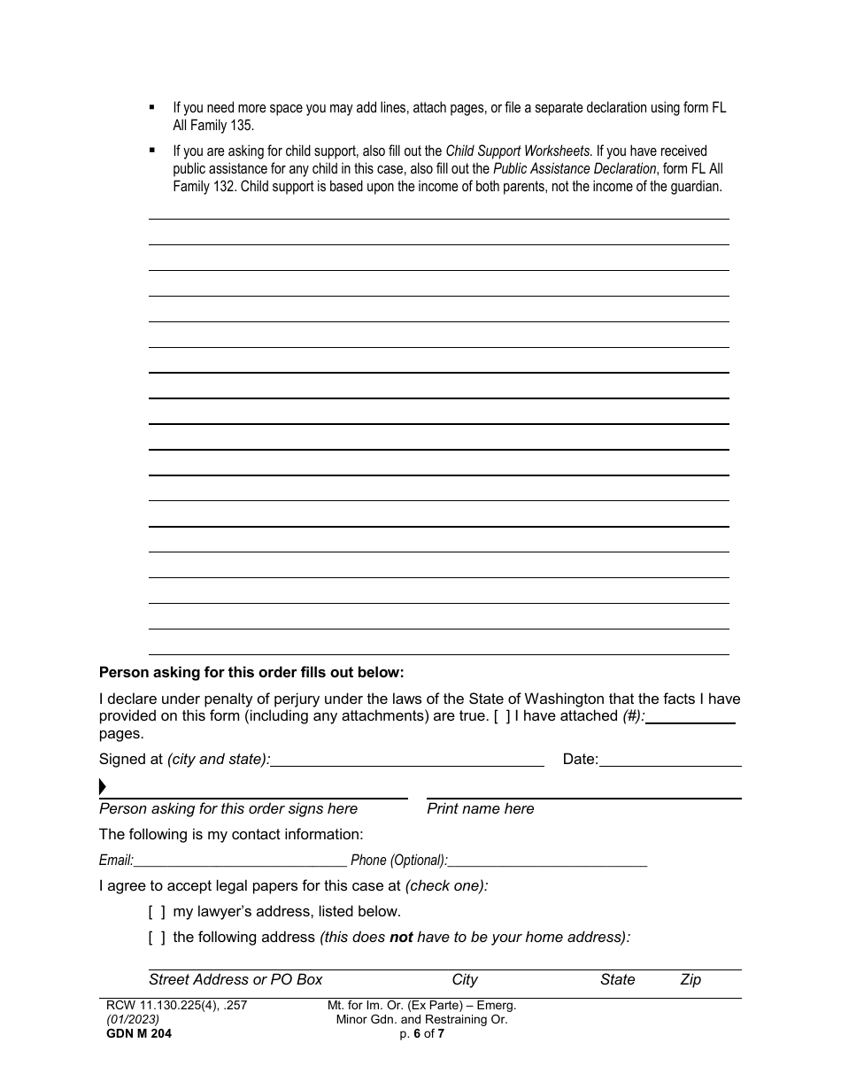 Form GDN M204 Motion for Immediate Order (Ex Parte) - Emergency Minor Guardianship and Restraining Order - Washington, Page 6