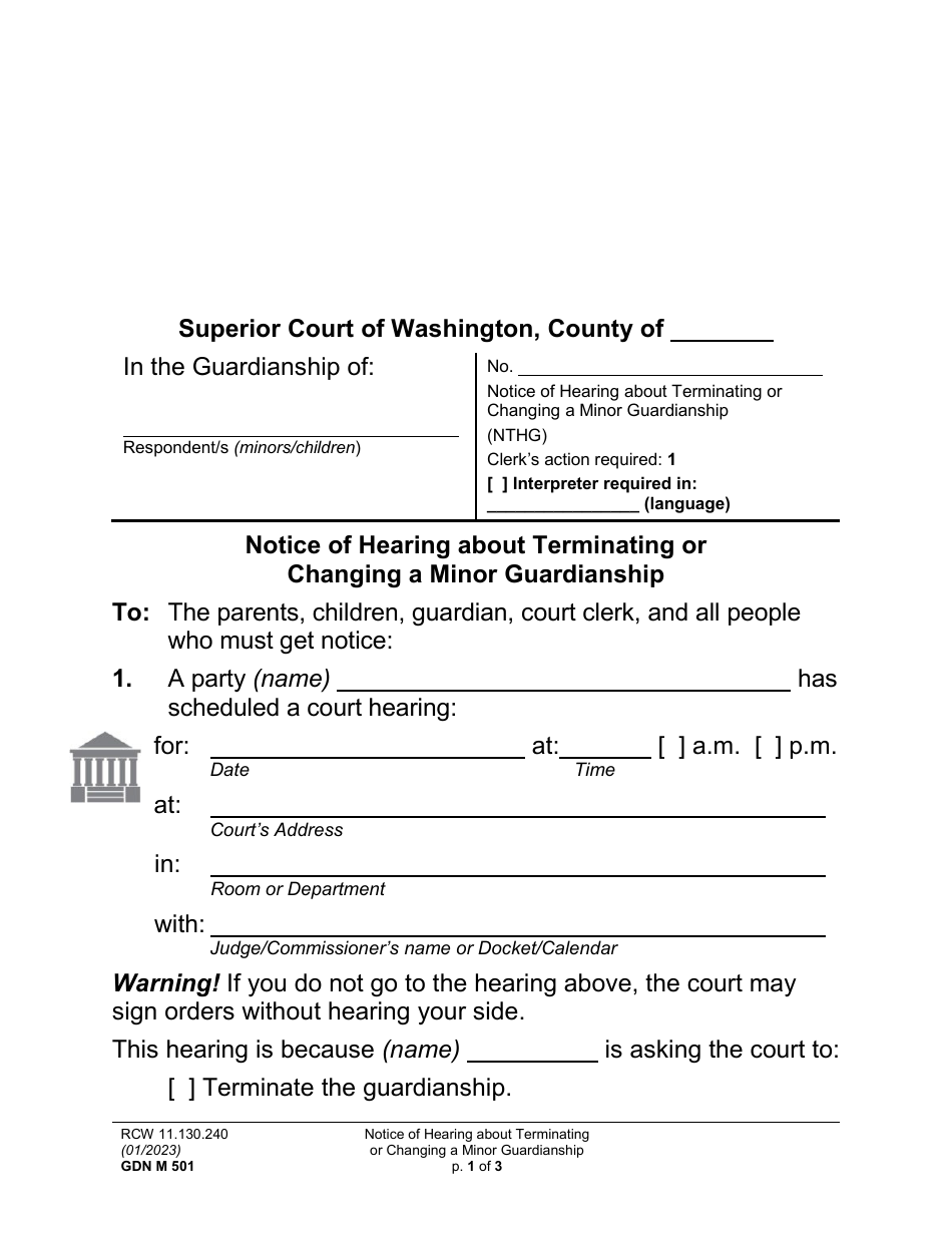 Form GDN M501 Notice of Hearing About Terminating or Changing a Minor Guardianship - Washington, Page 1