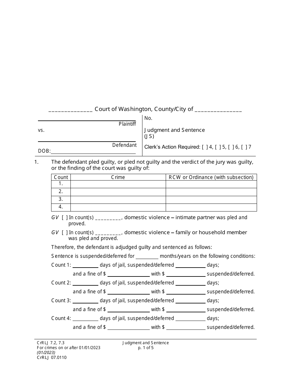 Form CrRLJ07.0110 Judgment and Sentence (Js) - Washington, Page 1