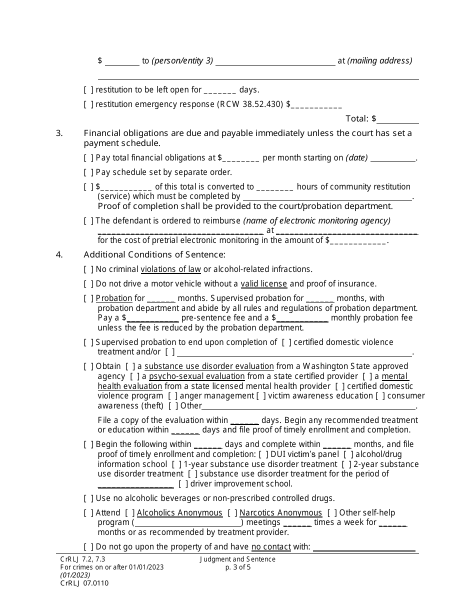 Form CrRLJ07.0110 Judgment and Sentence (Js) - Washington, Page 3