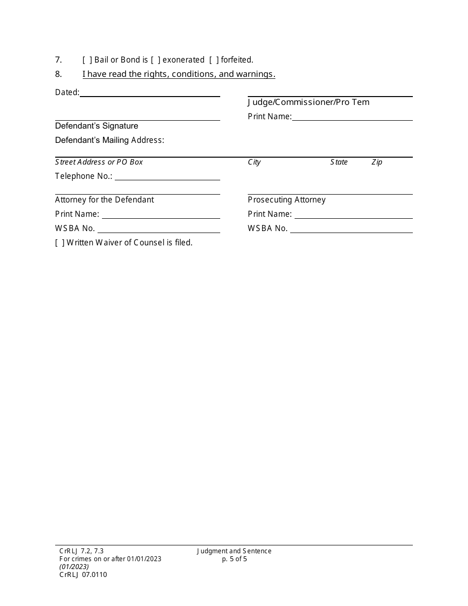 Form CrRLJ07.0110 Judgment and Sentence (Js) - Washington, Page 5