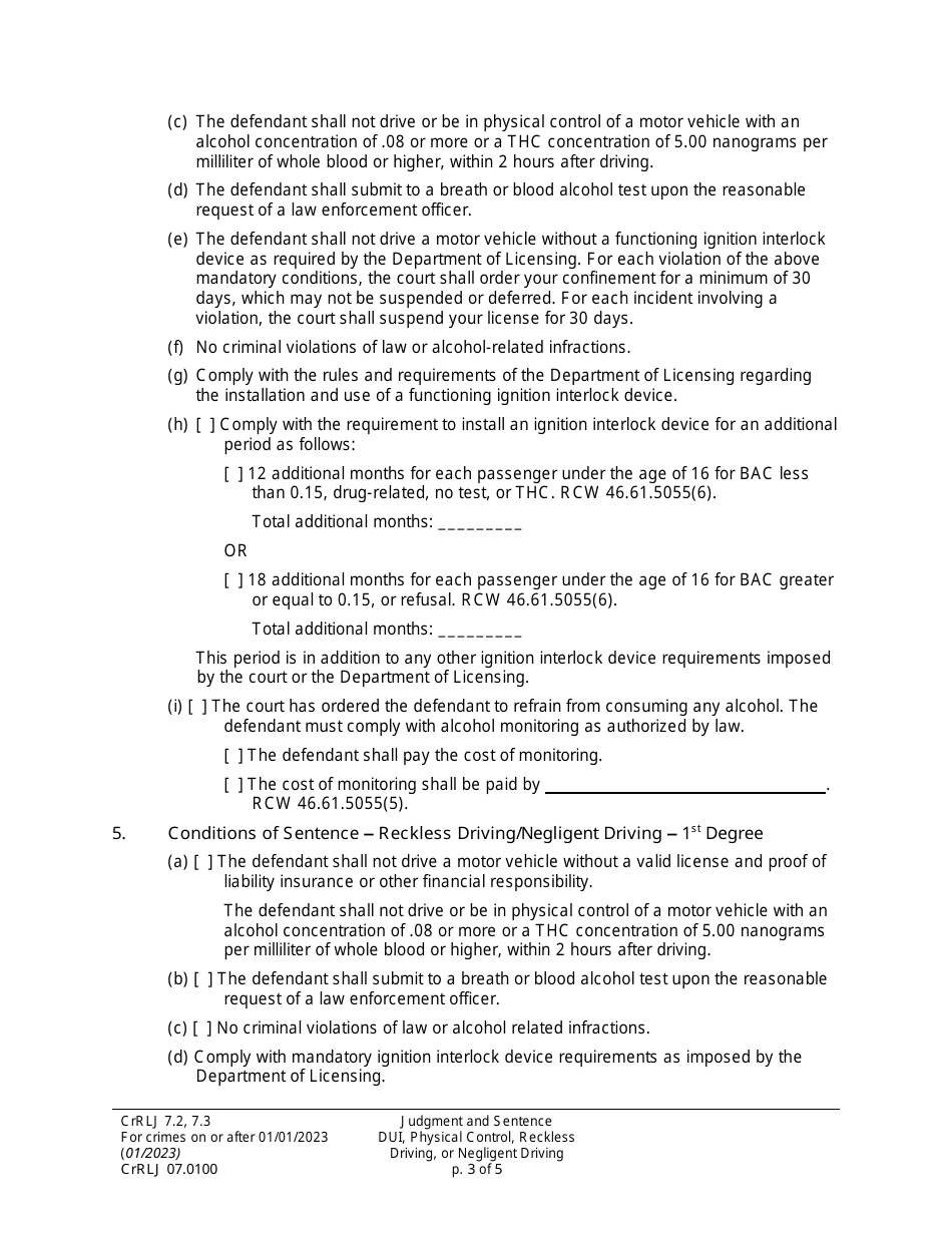 Form CrRLJ07.0100 Judgment and Sentence Form Dui Physical Control Reckless or Negligent Driving (Duijs) - Washington, Page 3