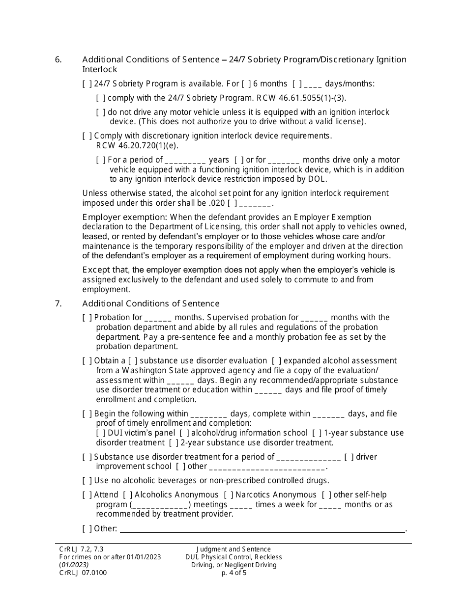 Form CrRLJ07.0100 Judgment and Sentence Form Dui Physical Control Reckless or Negligent Driving (Duijs) - Washington, Page 4