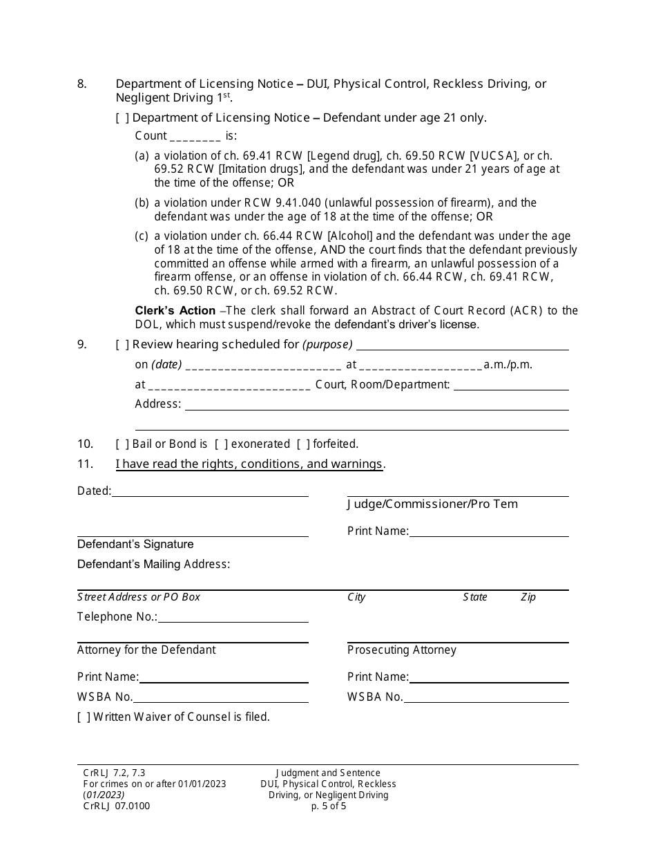 Form CrRLJ07.0100 Judgment and Sentence Form Dui Physical Control Reckless or Negligent Driving (Duijs) - Washington, Page 5