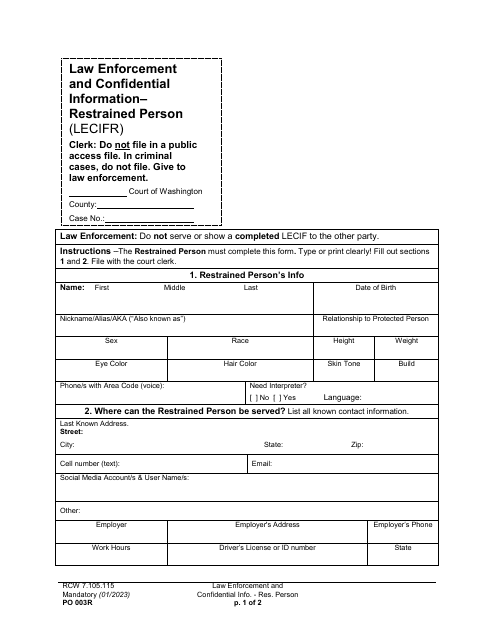 Form PO003R Law Enforcement and Confidential Information - Restrained Person (Lecifr) - Washington