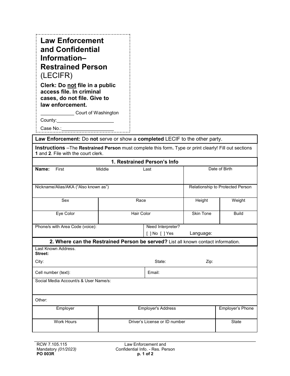 Form PO003R Law Enforcement and Confidential Information - Restrained Person (Lecifr) - Washington, Page 1