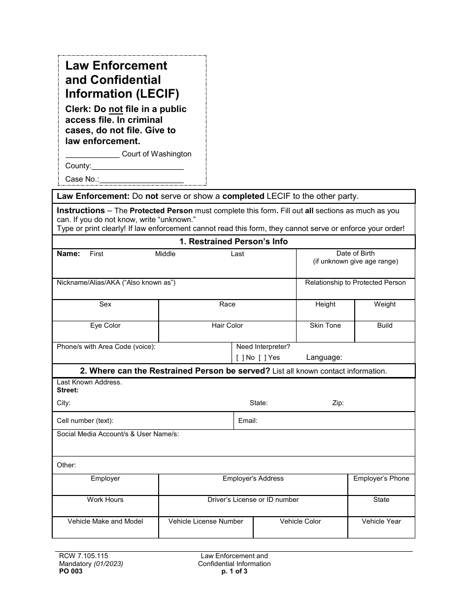 Form PO003 Law Enforcement and Confidential Information (Lecif) - Washington, Page 1