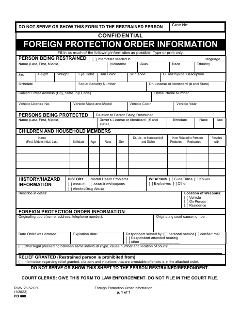 Form PO008 Foreign Protection Order Information - Washington