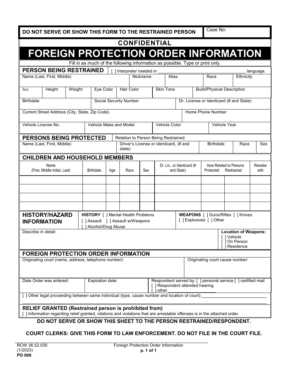 Form PO008 Foreign Protection Order Information - Washington, Page 1