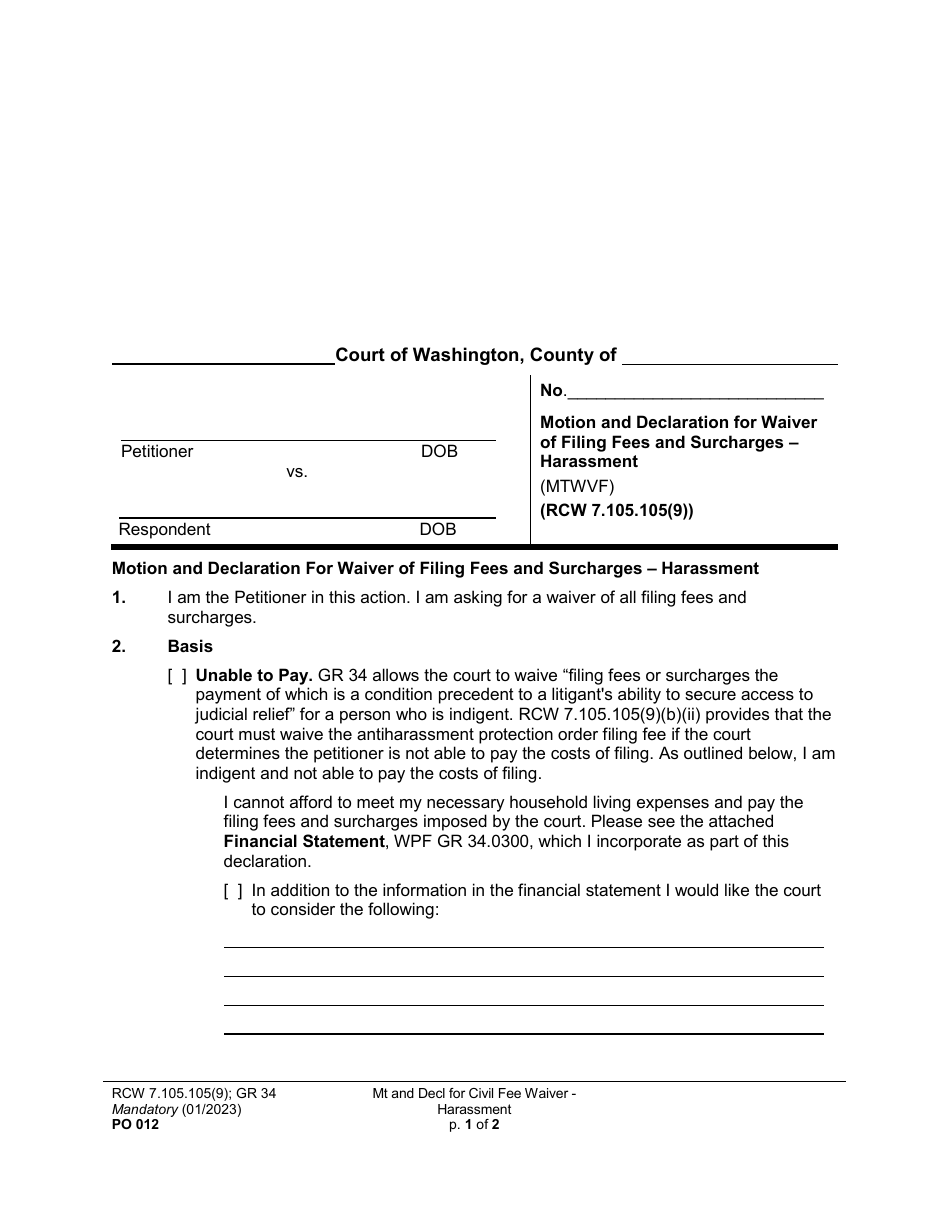 Form PO012 Motion and Declaration for Waiver of Filing Fees and Surcharges - Harassment - Washington, Page 1