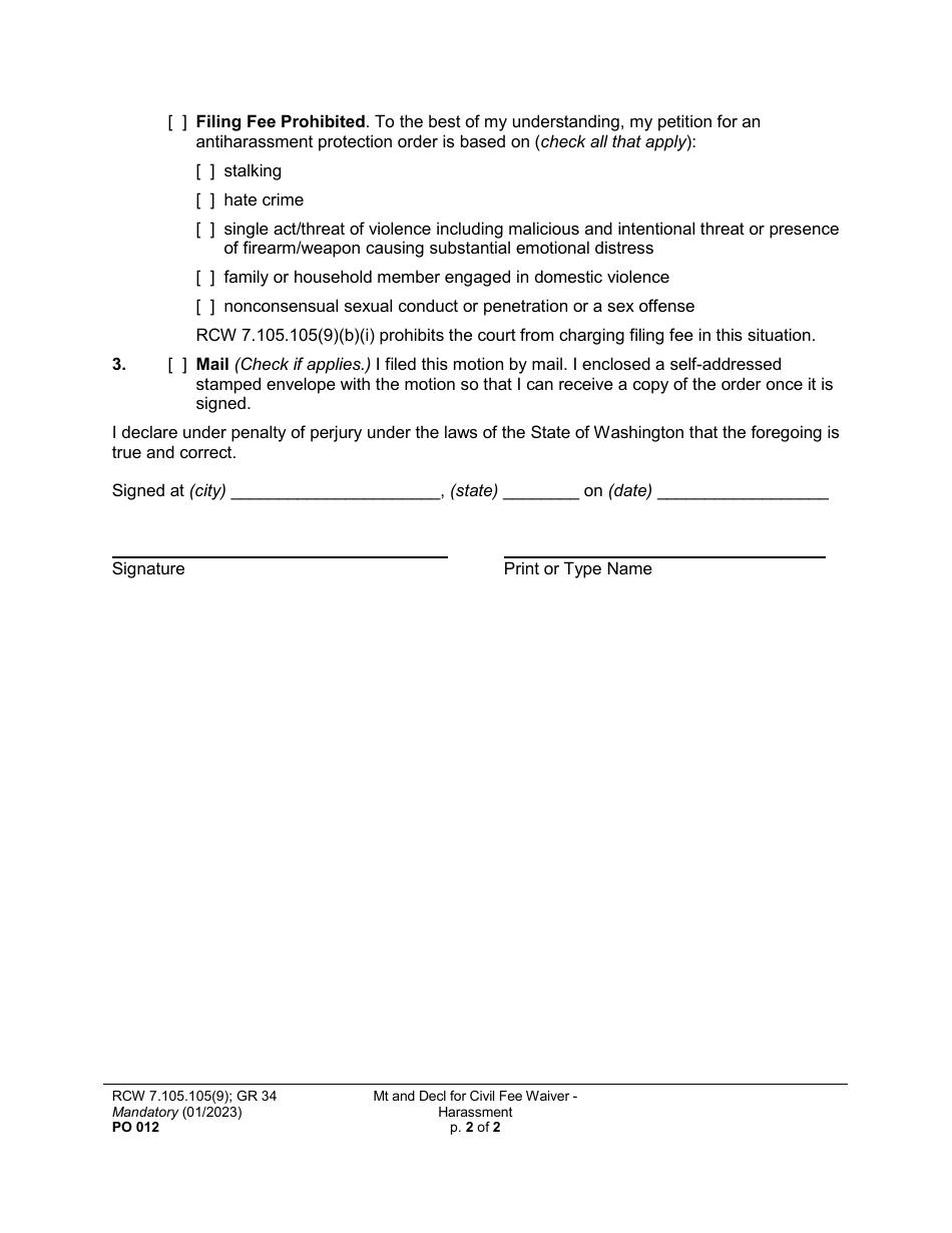 Form PO012 Motion and Declaration for Waiver of Filing Fees and Surcharges - Harassment - Washington, Page 2