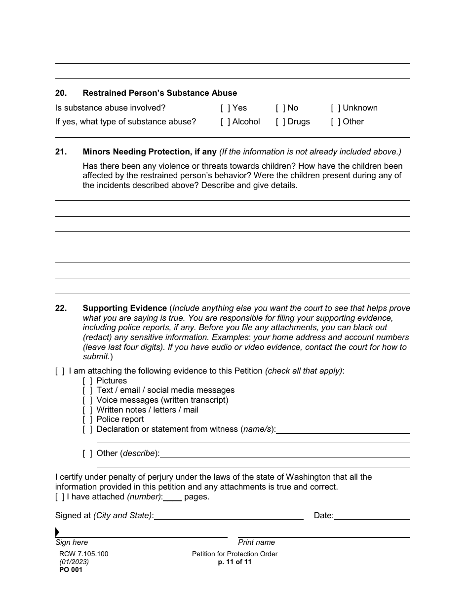 Form PO001 Petition for Protection Order - Washington, Page 11