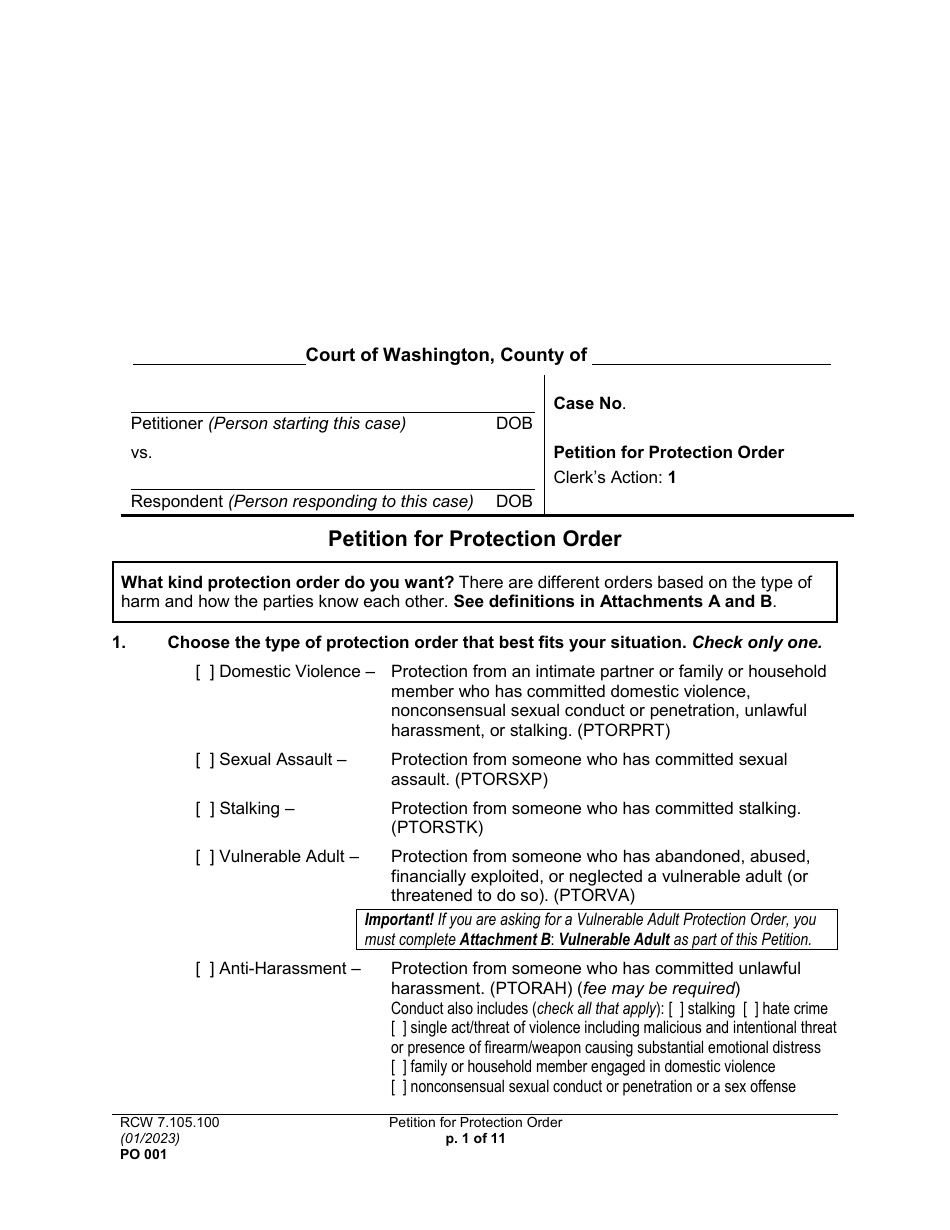 Form PO001 Petition for Protection Order - Washington, Page 1
