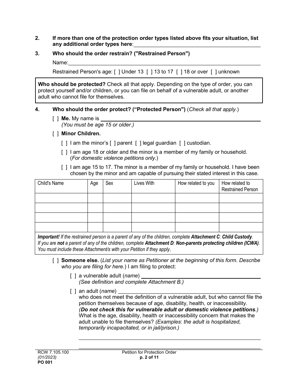 Form PO001 Petition for Protection Order - Washington, Page 2