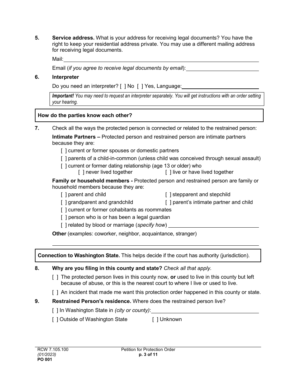 Form PO001 Petition for Protection Order - Washington, Page 3