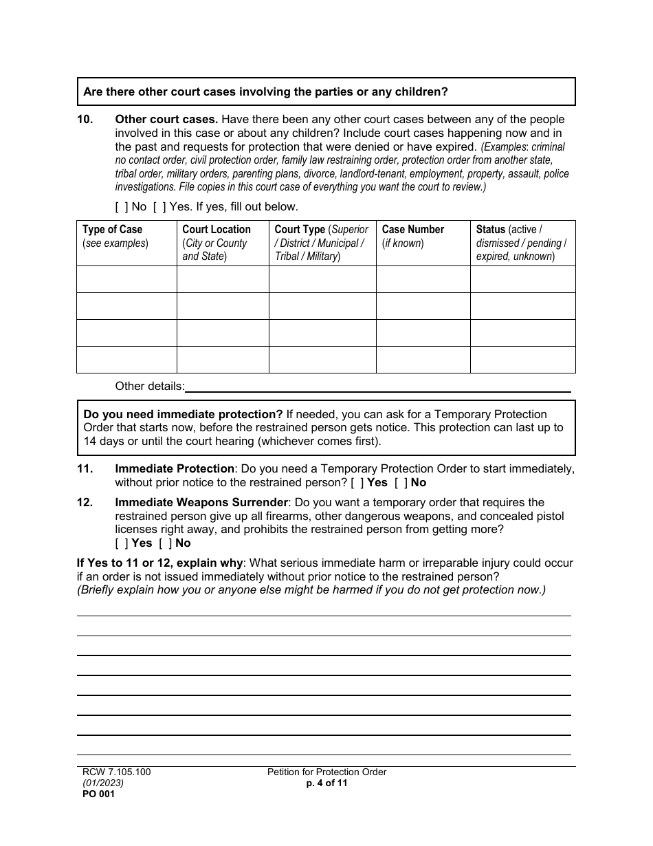 Form PO001 Petition for Protection Order - Washington, Page 4