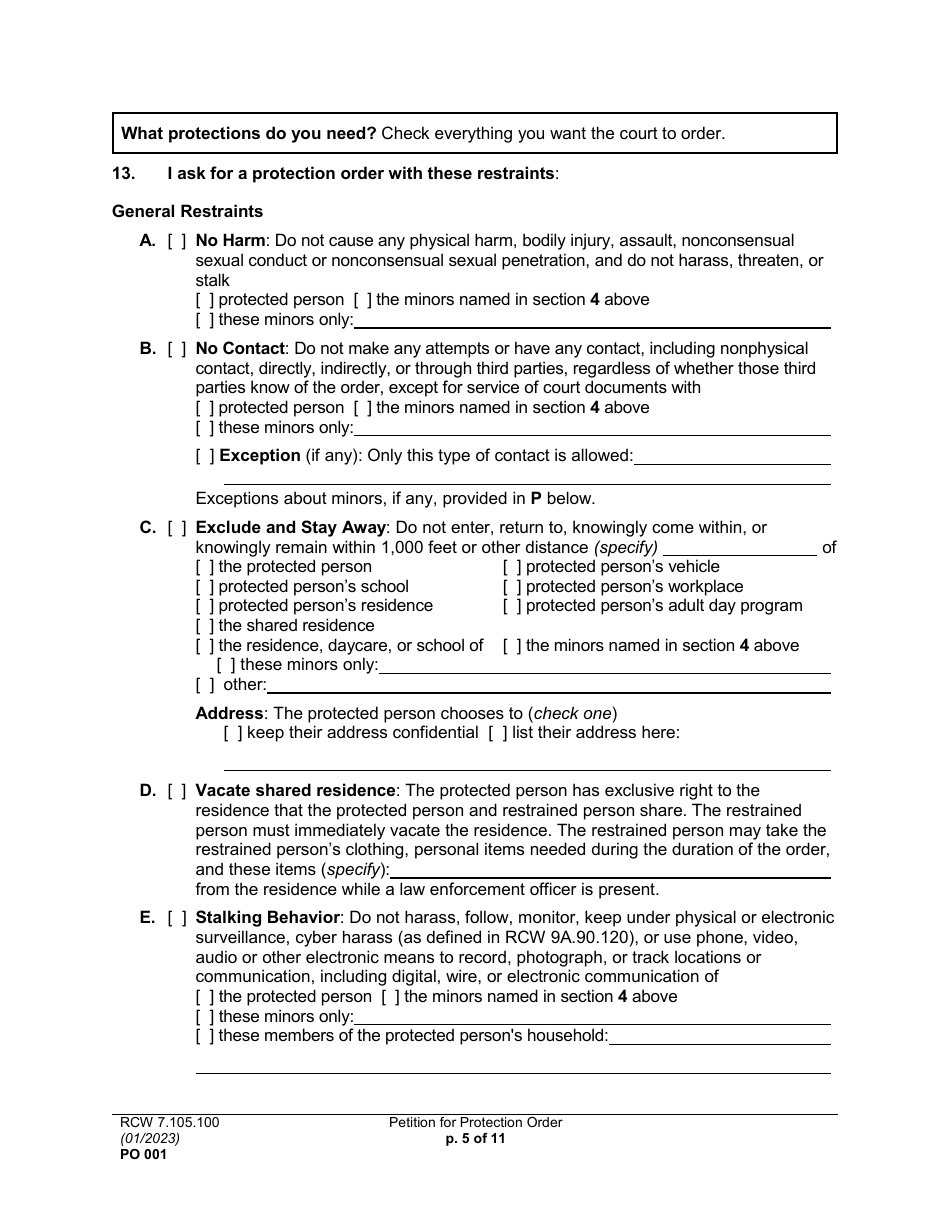 Form PO001 Petition for Protection Order - Washington, Page 5