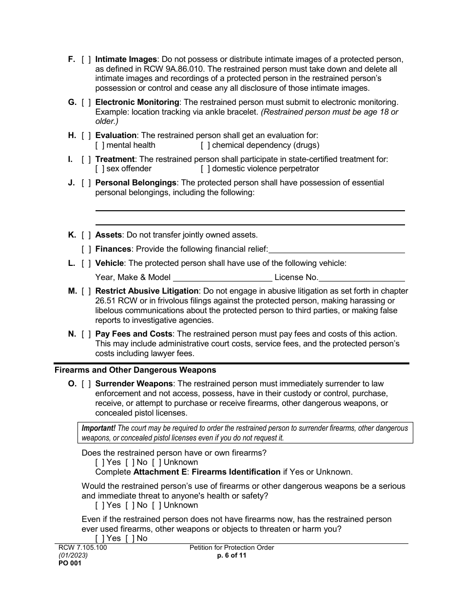 Form PO001 Petition for Protection Order - Washington, Page 6