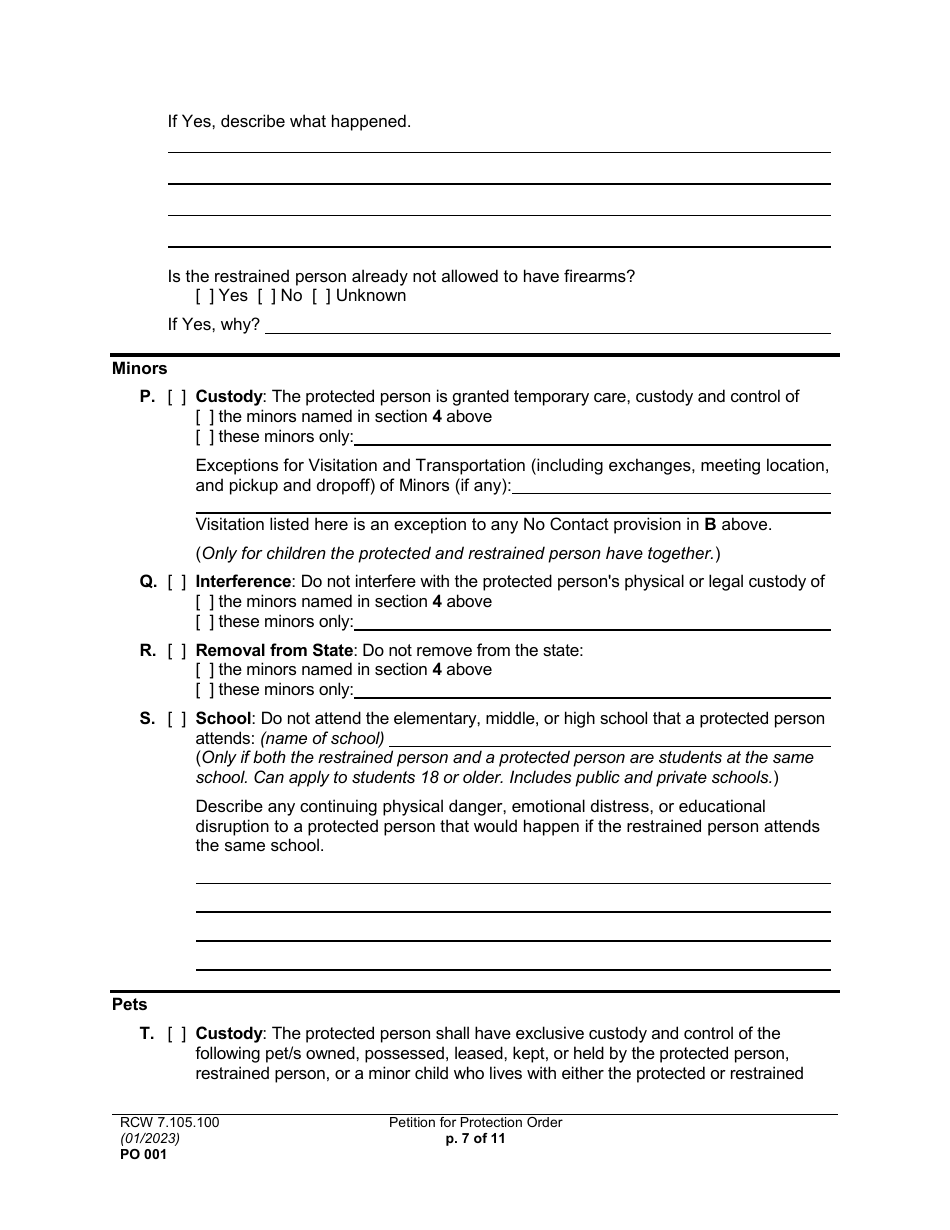 Form PO001 Petition for Protection Order - Washington, Page 7