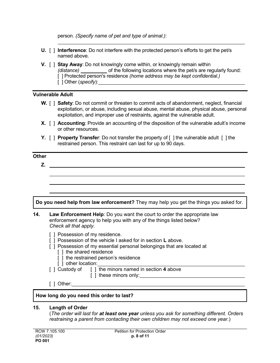 Form PO001 Petition for Protection Order - Washington, Page 8