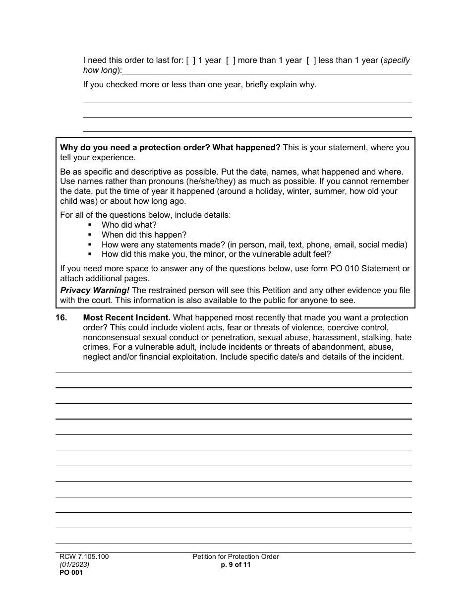 Form PO001 Petition for Protection Order - Washington, Page 9