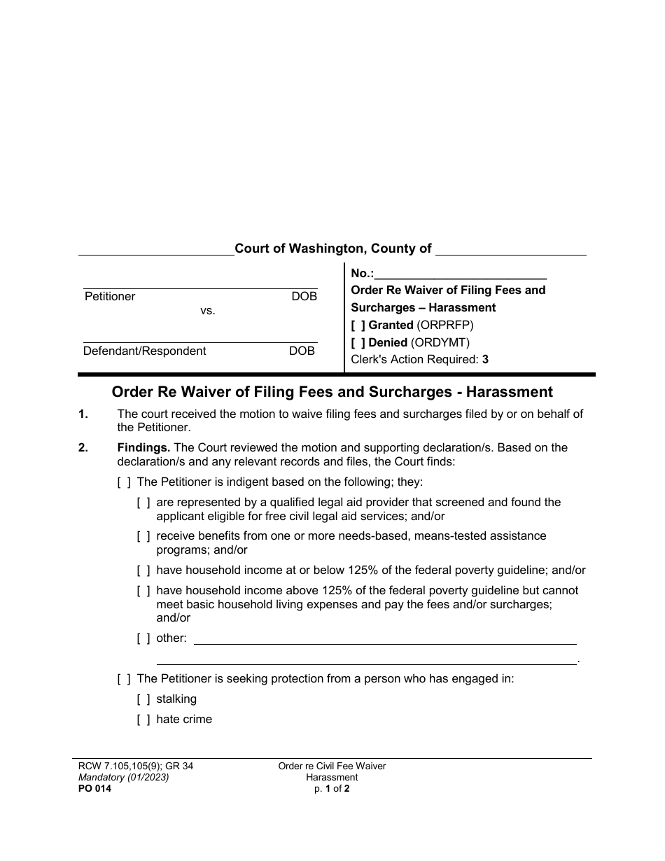 Form PO014 Order Re Waiver of Filing Fees and Surcharges - Harassment - Washington, Page 1