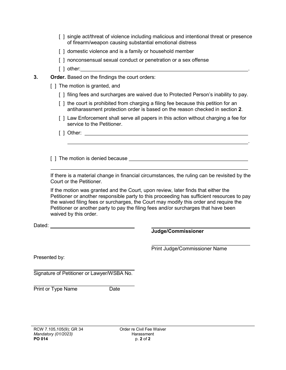 Form PO014 Order Re Waiver of Filing Fees and Surcharges - Harassment - Washington, Page 2