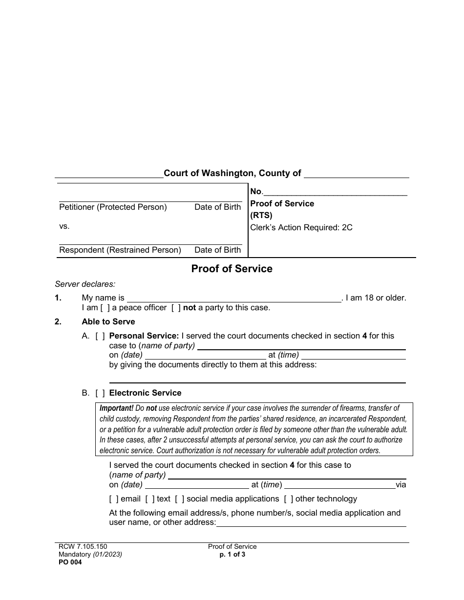 Form PO004 Proof of Service - Washington, Page 1