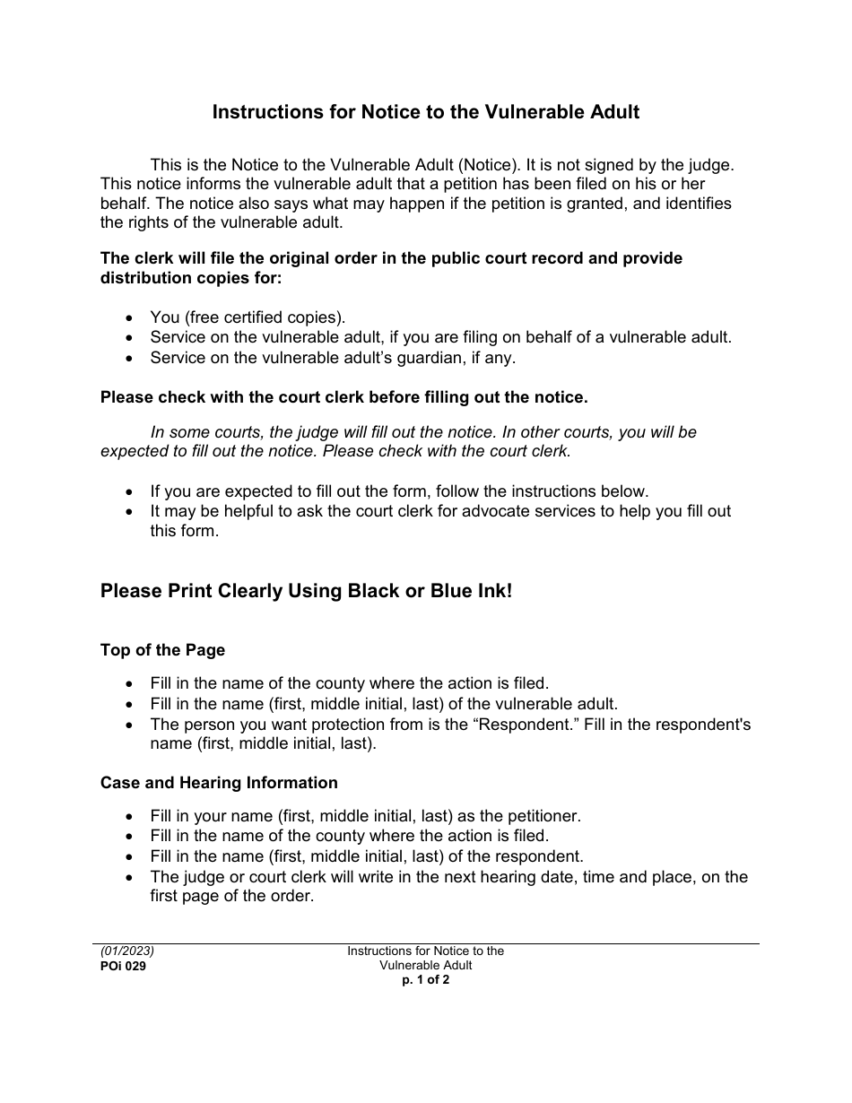 Instructions for Form PO029 Notice to Vulnerable Adult - Washington, Page 1