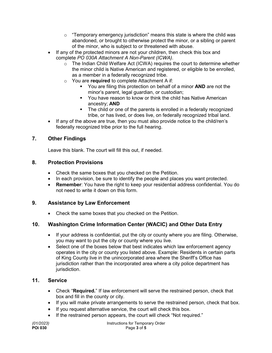 Instructions for Form PO030 Temporary Protection Order and Hearing Notice - Washington, Page 3