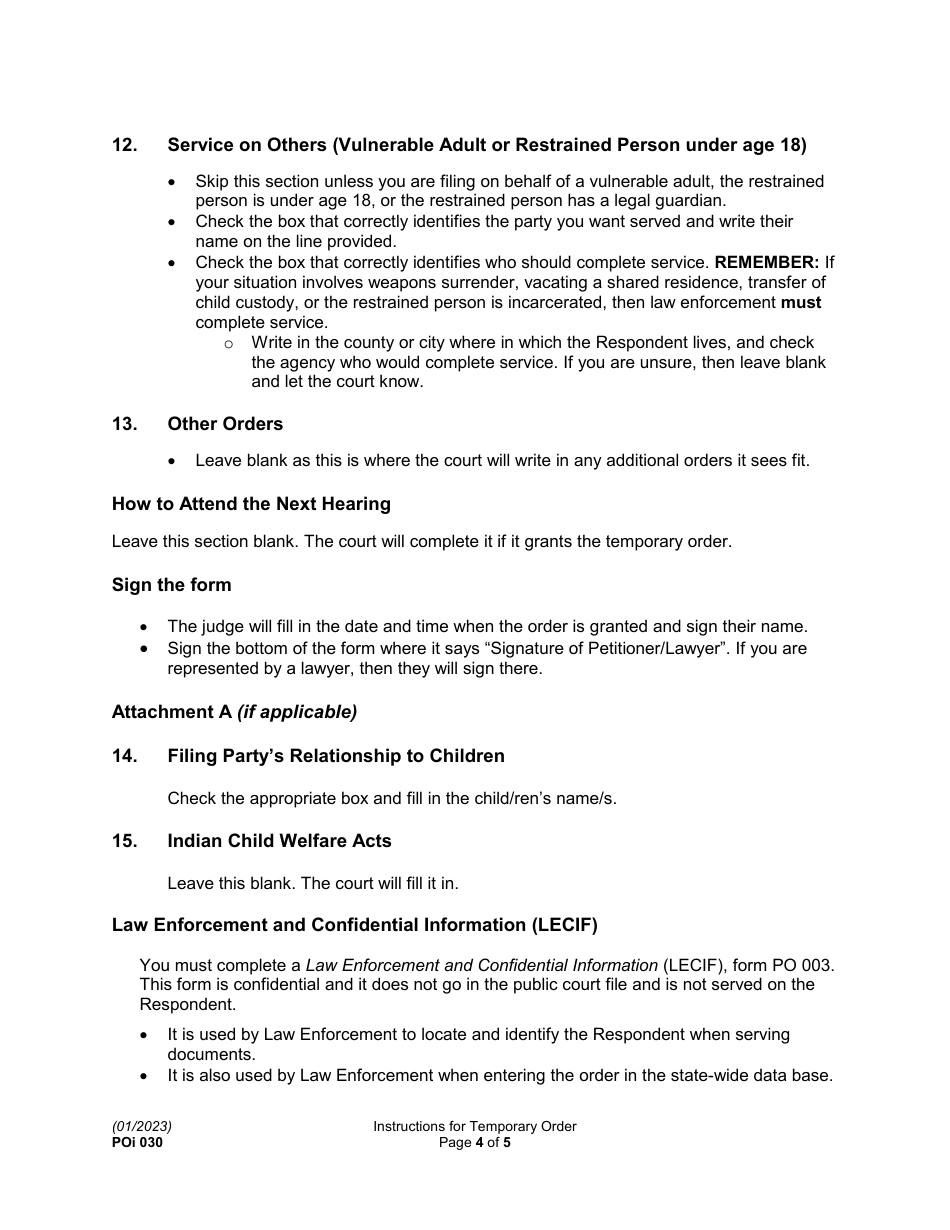 Instructions for Form PO030 Temporary Protection Order and Hearing Notice - Washington, Page 4