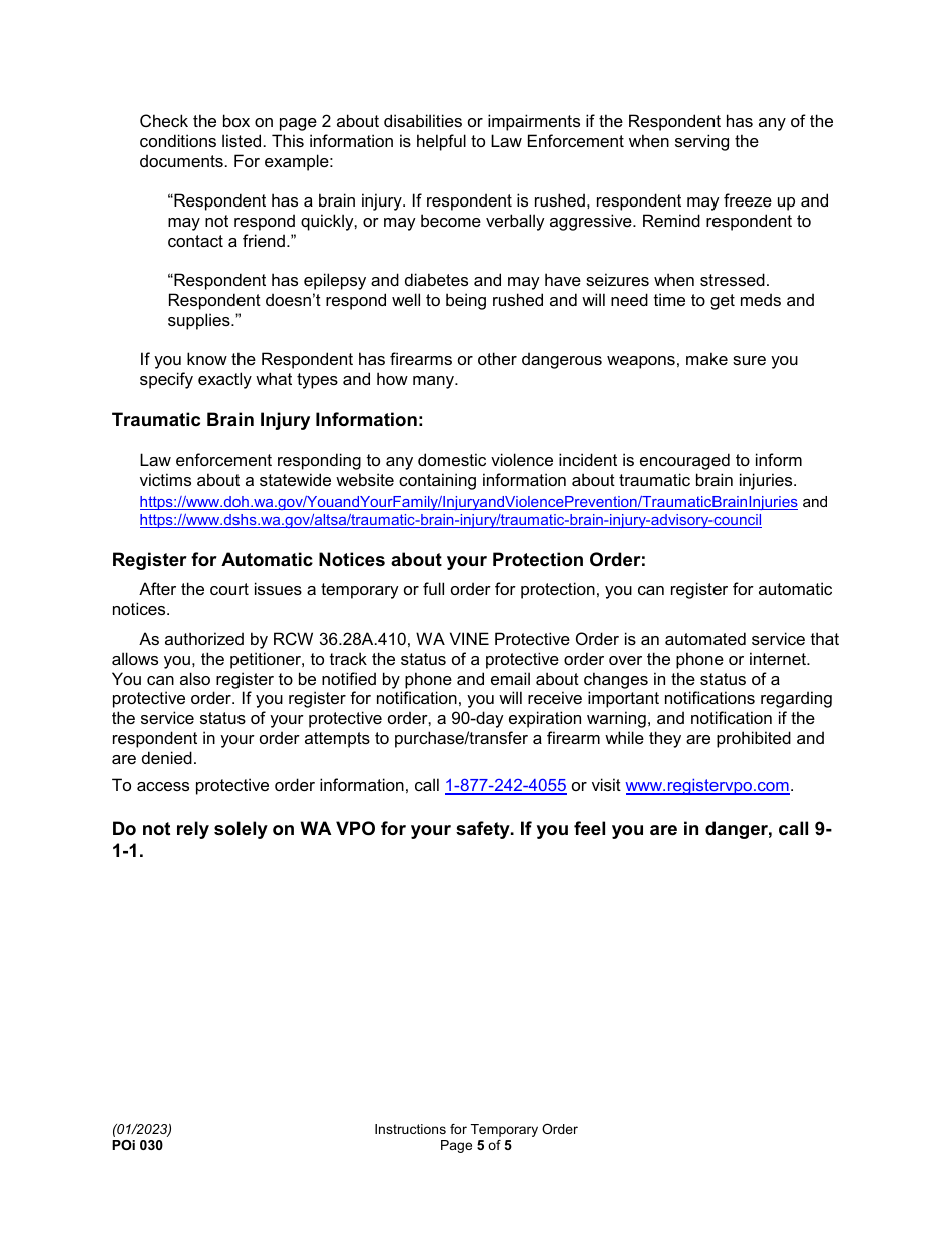 Instructions for Form PO030 Temporary Protection Order and Hearing Notice - Washington, Page 5