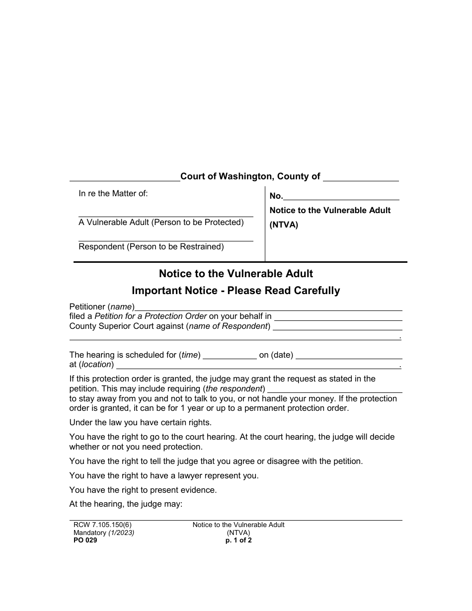 Form PO029 Notice to the Vulnerable Adult - Washington, Page 1